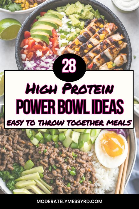 Learning the art of throwing together an easy power bowl that prioritizes protein can be a game-changer for busy nights! This post discusses how to do just that with 28 high protein bowl ideas that can be easily customized to your own preferences and lifestyle. Pair with ancient grains instead of rice and it's an easy way to increase overall fiber intake as well! Protein Packed Rice Bowl, Power Grain Bowls, Simple Grain Bowl, Cooking Light Power Bowls, Power Protein Bowl, Easy Power Bowl Recipe, Rice Power Bowls, Easy Protein Bowls Lunch, Make Ahead High Protein Meals