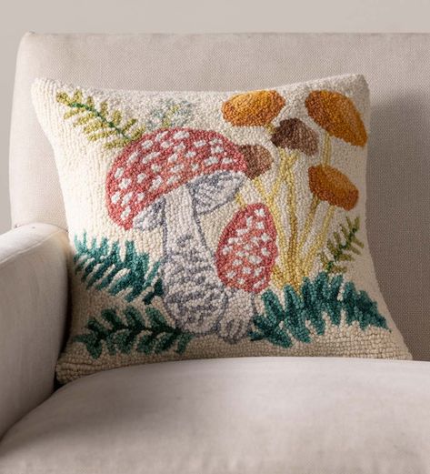 Mushroom Hand-Hooked Wool Decorative Throw Pillow | Eligible for Shipping Offers | Collections | VivaTerra Seasonal Pillows, Hooked Pillow, Wool Textures, Hooked Wool, Wool Throw Pillows, Brown And Orange, Fall Pillows, Throw Pillows Bed, Holiday Pillows