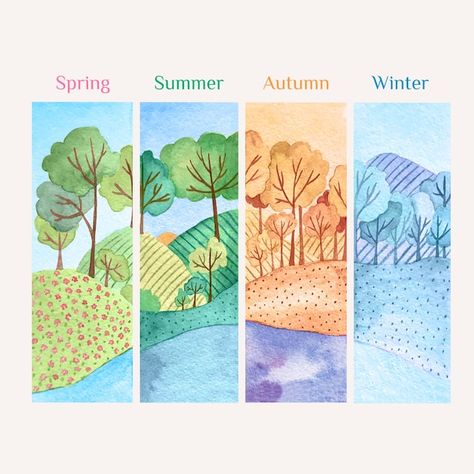 Watercolor Seasons Painting, Four Seasons Artwork, 4 Seasons Illustration, 4 Seasons Drawing, Watercolor Seasons, Drawing Ideas Realistic, Seasons Illustration, Seasons Watercolor, Four Seasons Painting