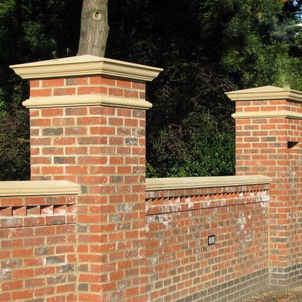 Pier Cap Supplier Brick Wall Patio, Pier Caps, Front Garden Ideas Driveway, Brick Wall Gardens, Garden Ideas Driveway, Brick Pillars, Brick Driveway, Fence Wall Design, Wood Fence Design