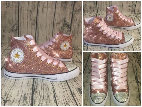 Bling Shoes Sneakers, Rose Gold Converse, Sweet 16 Shoes, Gold Converse, Quinceanera Shoes, Pageant Shoes, Glitter Converse, Converse All Star High, Rose Gold Shoes