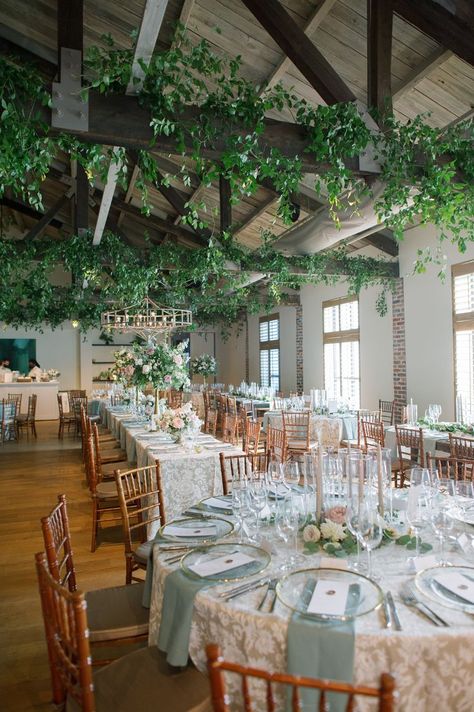 Greenery Party Decorations, Greenery On Beams Wedding, Greenery At Wedding, Warehouse Decor, Galveston Wedding, Reception Ceiling, Wedding Drapery, Wedding Goodies, Draping Wedding