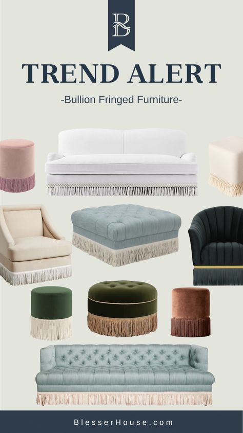 Trend Alert: Bullion Fringe Furniture for All Budgets - Bless'er House Velvet Sofa With Fringe, Fringe Furniture, Maximalist Interior Design, Burled Wood Furniture, Bullion Fringe, Maximalist Interior, Maximalist Style, Chinoiserie Wallpaper, Timeless Classic Style