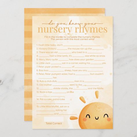 Little Ray Of Sunshine Baby Shower Themes, You Are My Sunshine Baby Shower, You Are My Sunshine Baby Shower Ideas, Baby Shower Summer Theme, Sun Baby Shower Theme, Nursery Rhyme Baby Shower Game, Sunshine Invitation, March Baby Shower, Sunshine Baby Shower Invitations