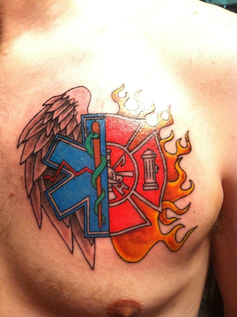 Fire and Paramedic, i would never get this, but i think it is so cool!! Fire And Ems Tattoos, Fire Ems Tattoo, Star Of Life Tattoo, Fire Paramedic, Paramedic Tattoo, Softball Tattoos, Welded Table, Firefighter Tattoos, Fighter Tattoo