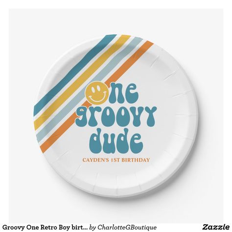 Groovy One Retro Boy birthday Retro 1st Birthday Party, One Groovy Dude Birthday Decor, Groovy Birthday Party Plates, Retro Surf First Birthday Party, Vintage Dude Party, Retro Birthday Parties, Birthday Party Plates, International Day Of Peace, Hippie Birthday