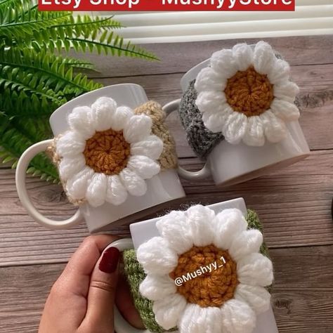 Pattern Or Finished Product Available ONLY on my Etsy Shop- MushyyStore. Link in bio. Crochet Sunflower With A Leaf mug Cozy. #crochet… | Instagram Crochet Mug Holders Free Pattern, Crochet Cup Warmer, Mug Cozy Crochet, Mug Cozy Pattern, Leaf Mug, Crochet Instagram, Crochet Mug Cozy, Crochet Ornament Patterns, Fall Crochet Patterns