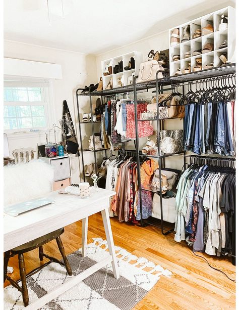 How To Make A Room Into A Closet, Closet Get Ready Room, Spare Room Office Closet Combo, Room As Closet Ideas, Closet And Office Room, Home Office And Closet Combo, Sunroom Closet, Room Converted To Closet Walk In, Cloffice Ideas Diy