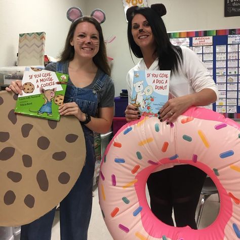 If You Give a Mouse a Cookie and If You Give a Dog a Donut 💗🐭🍪🐶🍩 I have the best partner!! She’s an amazing teacher, works well with our kids, and we keep each other going through all the crazy!! #redribbonweek #halloween #teacherhalloween #teacher #teachers #teacherlife #teachersofig #teachersofinstagram #teachersfollowteachers #secondgrade #iteachtoo #iteachsecond #iteach2nd #giftedandtalented #GTteacher #inclusion #math #science #mathteacher #scienceteacher #reading #readingteacher #... If You Give A Dog A Donut Costume Teacher, If You Give A Dog A Donut Costume, If You Give A Mouse A Cookie Costume, Cookie Costume Diy, Play Doh Costume, Literary Costumes, Partner Costumes, Book Parade, Storybook Character Costumes