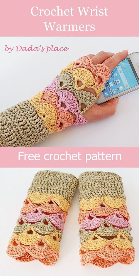 Colorful and beautiful crochet wrist warmers made by Dada's place - link to the free pattern #crochetpattern #freecrochet #freecrochetpattern #dadasplace by denise.su Pola Topi, Crochet Wrist Warmers, Crochet Mittens Pattern, Fingerless Gloves Crochet Pattern, Glove Pattern, Crochet Gloves Pattern, Gloves Pattern, Crochet Fingerless Gloves, Crochet Mittens