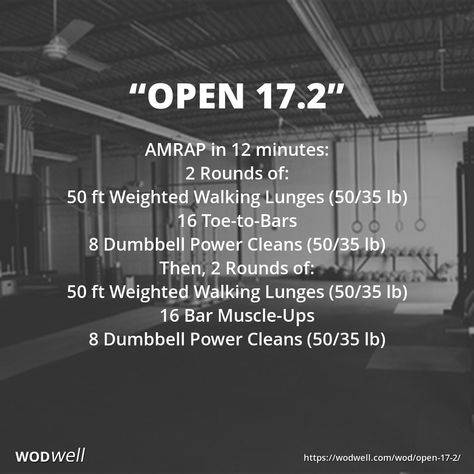 "CROSSFIT OPEN 17.2": AMRAP in 12 minutes: 2 Rounds of: 50 ft Weighted Walking Lunges (50/35 lb); 16 Toe-to-Bars; 8 Dumbbell Power Cleans (50/35 lb); Then, 2 Rounds of: 50 ft Weighted Walking Lunges (50/35 lb); 16 Bar Muscle-Ups; 8 Dumbbell Power Cleans (50/35 lb) Crossfit Open Workouts, Kettlebell Core Workout, Crossfit Program, Wods Crossfit, Crossfit Workouts Wod, Crossfit At Home, Kettlebell Cardio, Wod Workout, Leg Training