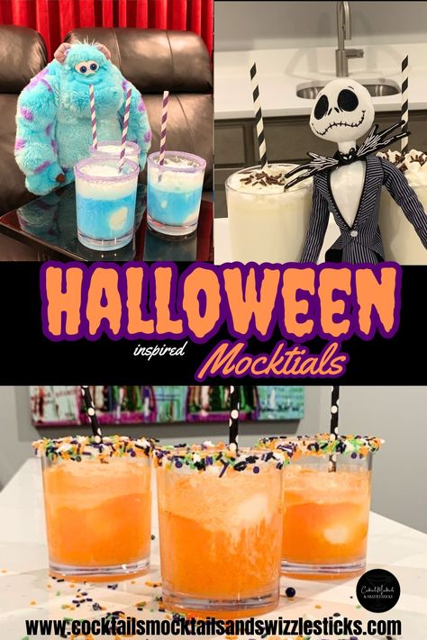 this image shows three different pictures. One with Sully from monsters inc and sully themed drink, one with a Jack Skellington themed drink and one with three orange drinks with black staws and Halloween Sprinkles. Halloween Drinks Nonalcoholic Easy, Halloween Party Drinks Non Alcoholic, Halloween Mock Tails, Spooky Drinks Nonalcoholic, Non Alcoholic Halloween Drinks, Halloween Mocktails Non Alcoholic, Halloween Drinks Nonalcoholic, Easy Halloween Drinks, Halloween Munchies