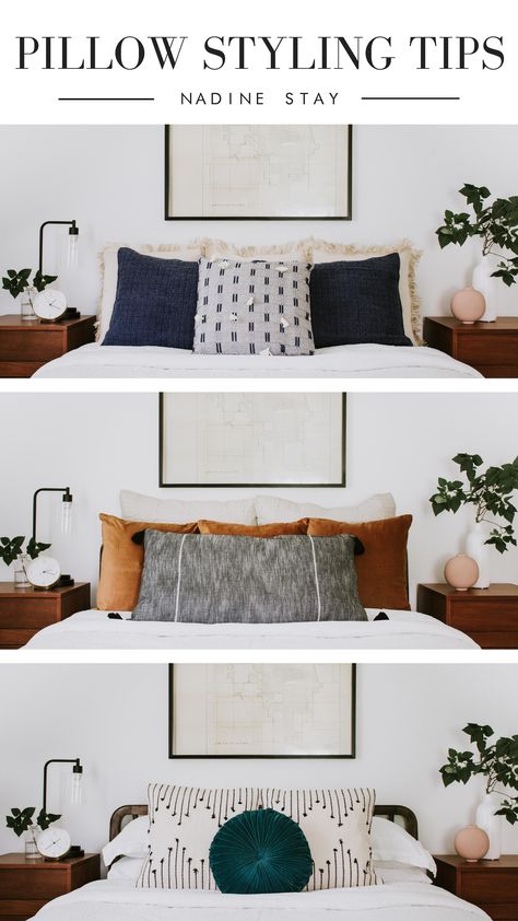 4 different ways to style bed pillows - How to make your bed like an interior designer and how to pick pillows for the bed. 4 pillow layouts and styles by Nadine Stay. #pillows #bedroomdecor #bedroominspiration #modernbedroom #westelm #overstock #nightstand #headboard #homedecor #interiordesign Pillows Bed Arrangement, How To Style Throw Pillows On Bed, Modern Bed Pillow Arrangement, White Bedding Accent Pillows, Queen Bed Between Two Windows, How To Arrange Bed Pillows, How To Arrange Throw Pillows On Bed, How To Style Bed Without Headboard, Arranging Pillows On Bed