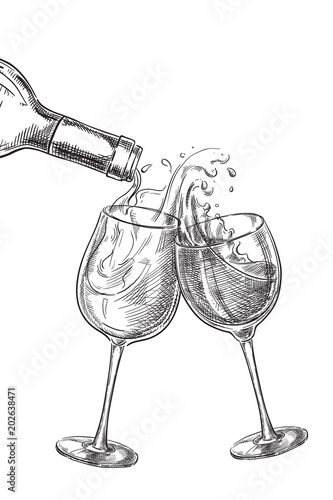 Stock Image: Two glasses with drinks. Wine pouring from bottle into glass, sketch vector illustration. Wine Bottle Drawing, Glass Sketch, Wine Logo Design, Wine Glass Drawing, Wine Pouring, Cocktail Illustration, Bottle Drawing, Wine Logo, Pouring Wine