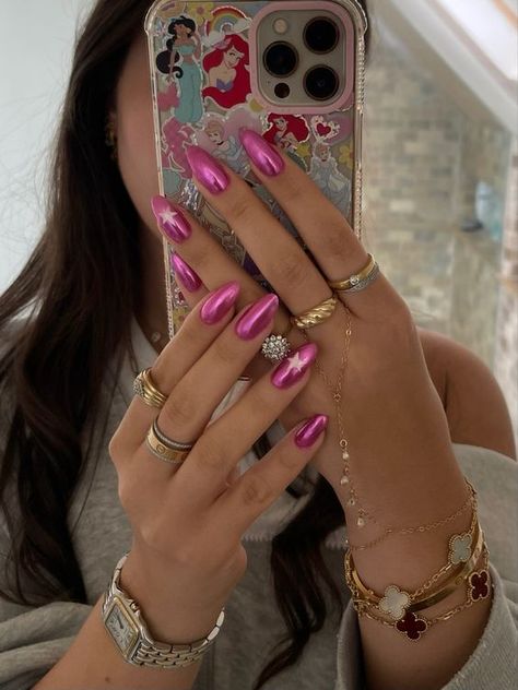 Pink Chrome With Hearts, Pink Chrome Nails With Hearts, Pink Chrome Star Nails, Hot Pink Nails With Chrome, Baby Pink Chrome Nails, Hot Pink Chrome Nails, Chrome Star Nails, Hot Pink Chrome, Chrome Star