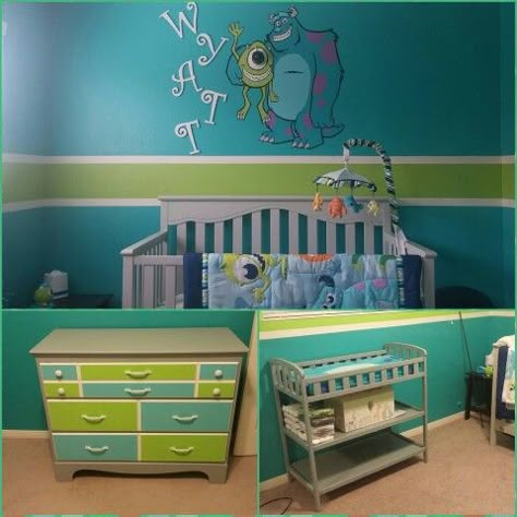 by Cherie W and Jordan M. Monsters inc theme nursery for our baby boy. Mike's eye is the baby monitor. Monster Ink Nursery, Character Nursery Themes, Monster Inc Nursery Theme, Monsters Inc Nursery Ideas, Unique Baby Boy Nursery Themes, Monsters Inc Bedroom, Baby Boy Bedroom Ideas, Monsters Inc Room, Monsters Inc Nursery