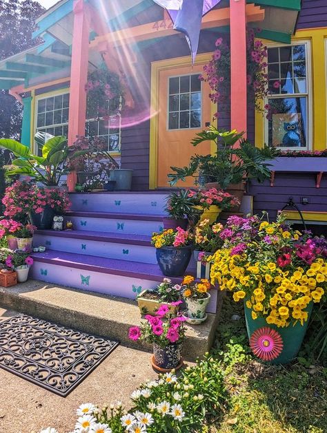 Colourful & Maximalist Home Decor Inspo | Hi All! First post in this lovely group | Facebook Maximalist Cottage, Maximalist House, Maximalist Home Decor, Colorful House, Garden Mural, Maximalist Home, Bohemian House, Nature Inspired Decor, Purple Home