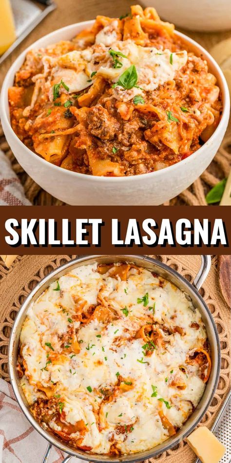 A traditional favorite made simpler, this Skillet Lasagna has all your favorite flavors but in about half the time! Pampered Chef Skillet Lasagna, Lasagna Hot Dish, What To Make With Lasagna Noodles, Lasagna Pasta Skillet, Lasagna In A Pot, Skillet Spaghetti Recipes, Skillet Lasagna Pioneer Woman, Broken Lasagna Recipe, Deconstructed Lasagna Recipes