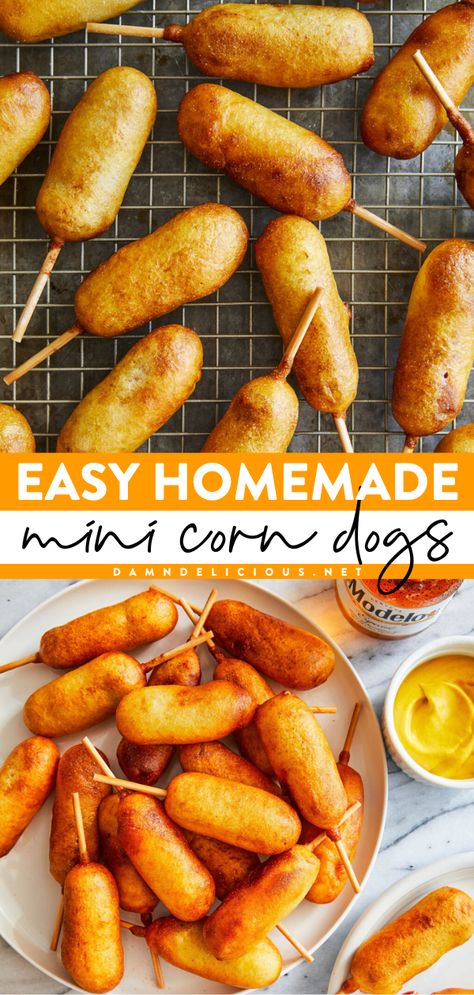 Your new favorite simple appetizer recipe! These mini corn dogs are the BEST. Served with your favorite sauce, these homemade corn dogs taste just like what you can get at the state fair. Save this easy snack idea! Homemade Mini Corn Dogs, Homemade Corndogs, Mini Corn Dogs, Corndog Recipe, Dogs Are The Best, Best Party Appetizers, Corn Dog, Corn Dogs, Game Day Food