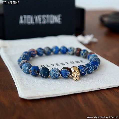 Lapis Lazuli Beads and Gold Skull Bracelet, by Atolyestone, Men's Spring Summer Fashion. Gold Skull, Men's Bracelets, Lapis Lazuli Beads, Wrist Wear, Skull Bracelet, Men's Bracelet, Mens Beaded Bracelets, Mens Accessories Fashion, Gemstone Bracelets