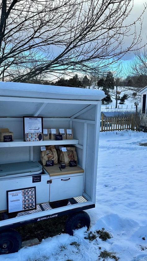 We just opened our farmstand that was inspired by @thepinkcrumbb bakery cart and @lauxfamilyfarm #farmstand #eggstand #eggs… | Instagram Selling Eggs Stand, Farm Fresh Eggs Stand, How To Build A Farmstand, Farm Stand On Trailer, Farmstand Cart, Bakery Stand Ideas, Bakery Cart Ideas, Farmstand Ideas Small Farm, Egg Selling Stand