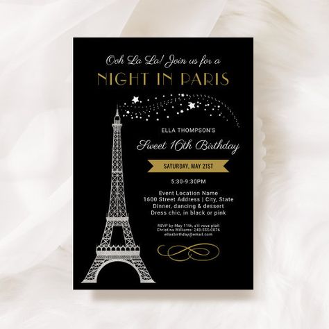 Night In Paris Eiffel Tower Gold Sweet 16 Birthday Invitation #zazzle #weddinginvitations #birthdayinvitations #babyshowerinvitations #zazzleinvitations #monogram #businesscards #graduation #homedecor Gold Sweet 16, Night In Paris, Milestone Birthday Party, 16th Birthday Invitations, Sweet 16 Birthday Party, Birthday Party Celebration, Sweet 16 Invitations, 16th Birthday Party, Engagement Party Invitations