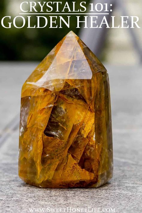 Learn the basics about Golden Healer, also known as yellow hematoid quartz, and its properties, the chakras and astrological signs it is connected to, and the possible benefits you may experience by working with this stunning crystal. | #crystals #goldenhealer #yellowhematoidquartz #quartz Golden Healer Quartz Crystal Meaning, Golden Healer Crystal, Golden Healer Crystal Meaning, Golden Healer Quartz Meaning, Diamond Treasure, Crystals Meaning, Quartz Properties, Golden Healer Quartz, Healing Crystals Meanings