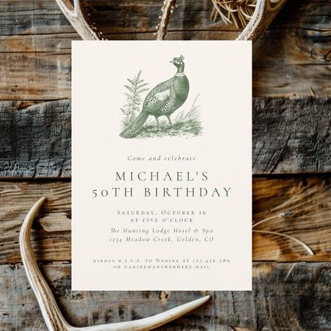 $2.09 | Elegant Pheasant Hunting Green Adult Birthday - hunting, 50th birthday, fiftieth birthday party, outdoorsman adult birthday celebration, winter fall nature, hunter country dinner, sophisticated luxurious, vintage style illustration, green cream white, pheasant Winter Birthday Invitations, Hunting Theme, Winter Onederland Birthday Party, Winter Invitations, Onederland Birthday Party, Winter Onederland Birthday, Pheasant Hunting, Birthday Party Design, Hosting Holidays