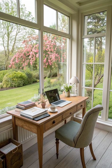 20+ Inspiring Sunroom Ideas for Back of House Traditional Sunroom Ideas, Sunroom With Office Space, 4 Season Room Office, Sunroom Closet Ideas, Sun Room Off Bedroom, Cosy Sunroom Ideas, Sunroom Sewing Room, Sunroom Built Ins, 10x10 Sunroom Ideas