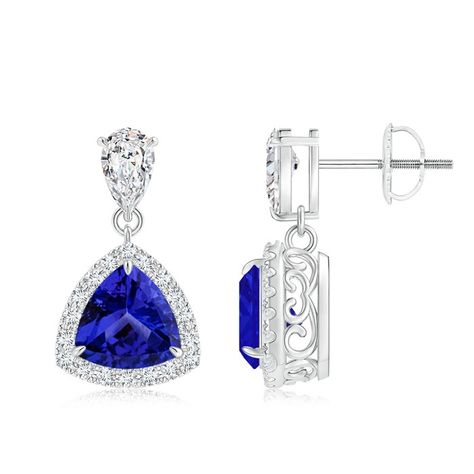 Tanzanite Drop Earrings, Princess Diamond Earrings, Diamond Halo Earrings, Halo Diamond Earrings, Tanzanite Jewelry, Tanzanite Earrings, Cad Cam, Jewellery Sketches, Halo Earrings