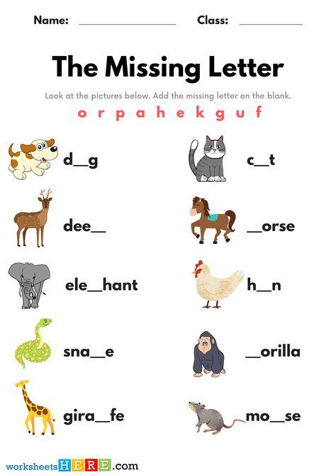 Find Missing Letters and Write, Find Animals Names Missing Letter PDF Worksheets For Kids - WorksheetsHere.com Missing Abc Worksheet, Hindi Missing Letters Worksheet, Fill In The Missing Alphabet Letters, English Missing Letters Worksheet, Fill In The Missing Letter Alphabet, New Words In English, Study English Grammar, English Story Books, Missing Letters