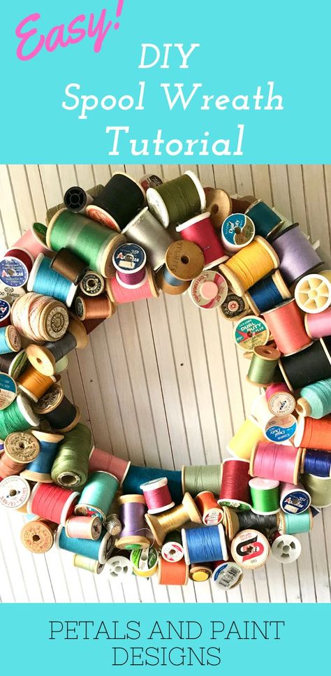 Find easy to follow step by step video tutorial here Wooden Thread Spool Wreath, Thread Spool Wreath, Wreaths For Sewing Room, Sewing Spool Crafts, Wreath Sewing Theme, Crafts With Wooden Spools, Wooden Thread Spool Ideas, Spool Wreath, Sewing Wreath