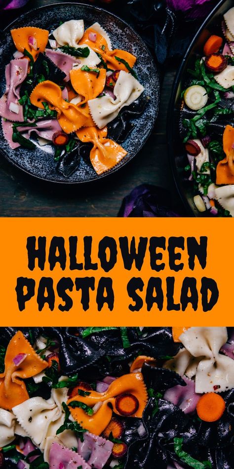 This healthy, #vegan Halloween Pasta Salad is the perfect lunch for kids and adults! Spooky Pasta Salad, Halloween Salads, Halloween Pasta Salad, Halloween Salad, Lunch For Kids, Halloween Pasta, Bowtie Pasta Salad, Fall Pasta, Colored Pasta