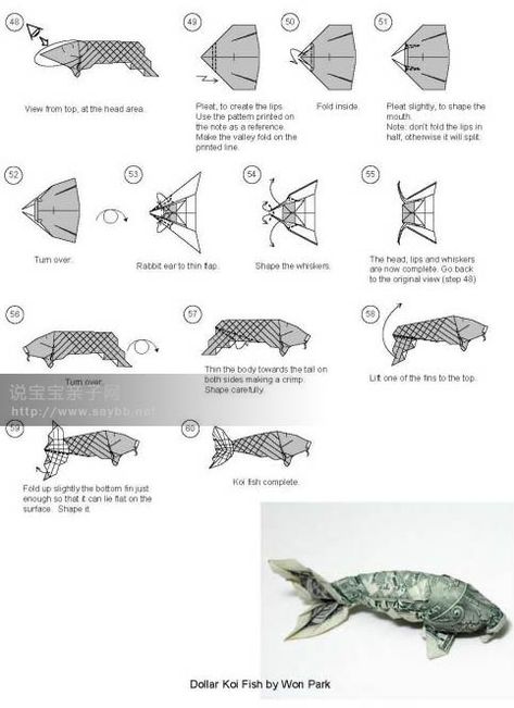 Easy! Dollar origami instructions - http://www.ikuzoorigami.com/easy-dollar-origami-instructions/ Koi Origami, Origami Koi Fish, Easy Origami Flower, Dollar Origami, Paper Fish, Dollar Bill Origami, Koi Art, Origami Dragon, Origami Fish