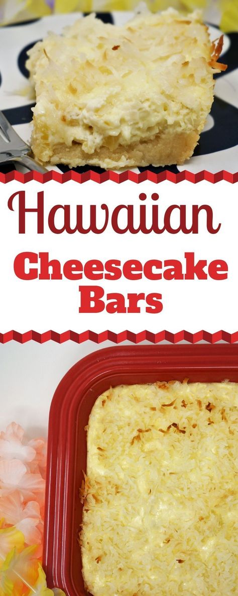 Hawaiian Cheesecake Bars are a classic tropical treat that is sure to become a family favorite. The shortbread crust is covered by a thick layer pineapple cheesecake then crowned with a buttery coconut topping. I'm in love! | Pineapple Coconut Cheesecake Bars | Tropical Cheesecake Bars | Hawaiian Cheesecake | Hawaii Cheesecake Bars | #Cheesecake #Hawaiian #CheesecakeBars #Coconut #Pineapple Tropical Pineapple Cheesecake Tart 12 Tomatoes, Hawaiian Cheesecake Bars, Pineapple Coconut Cheesecake, Coconut Cheesecake Bars, Tropical Cheesecake, Hawaiian Cheesecake, Tropical Dinner, Cheesecake Fruit Salad, Pineapple Cheesecake