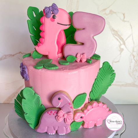 Happy THREE-REX Birthday! Birthday cake flavored cakes and vanilla buttercream with vanilla sugar cookie dinosaurs. 🦖 🦕 #mawmawstreats #azlebaker #sugarcookies #sugarcookiemarketing #dfwbaker #azle #azlecookies #threerex #threerexcookies #threerexbirthday #threerexparty #threerexcake Pink Dinosaur Party Cake, Pink Dinosaur Party, Birthday Cake Flavors, Kawaii Dinosaur, Pink Dinosaur, Vanilla Sugar Cookie, Dinosaur Cake, Vanilla Buttercream, Dinosaur Party