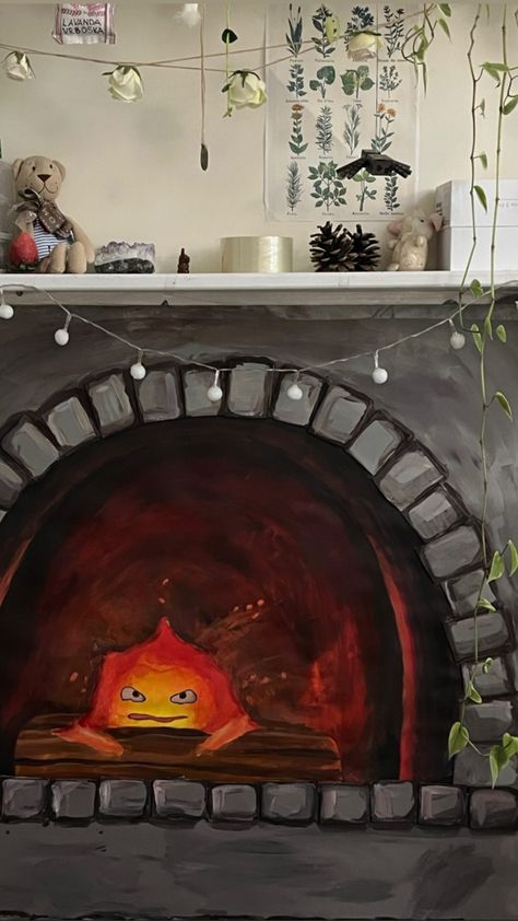 Studio ghibli
Howl’s moving castle 
Howls moving castle 
Calcifer
Anime room deco Calcifer Fireplace, Fireplace Decor, Felt Diy, I Made It, Made It, Wall Painting, Fireplace, Felt, Birthday Party