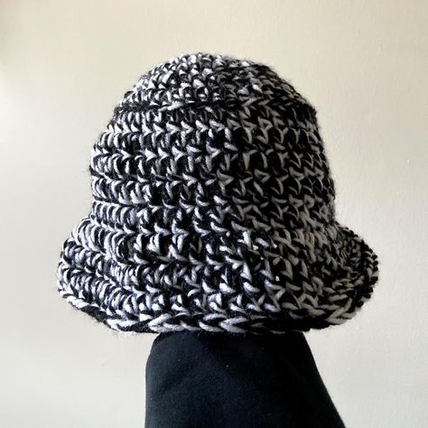 Black and white bucket hat Simple, matches... - Depop White Yarn Crochet, Black Crochet Bucket Hat For The Beach, White Crochet Bucket Hat, Black Crochet Bucket Hat, White Adjustable Crochet Bucket Hat, Black Yarn Bucket Hat, Black And White Crochet Bucket Hat, Black And White Crochet, Boho Knit