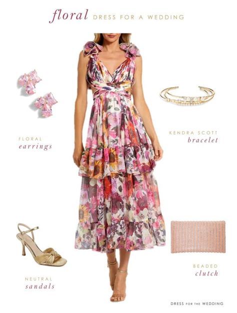 Collage of a wedding guest outfit Vestidos Color Coral, Floral Evening Dresses, Flowery Dresses, Floral Chiffon Dress, Floral Cocktail Dress, Chiffon Floral, Western Chic, Ruched Bodice, Midi Cocktail Dress