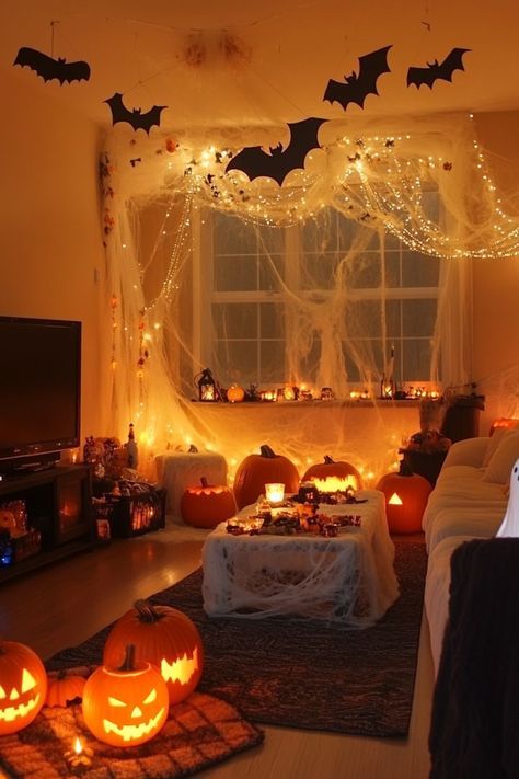 Diy Halloween Decorations Room Decor, Halloween Decore Idea Indoor, Halloween Party Decor Ideas Diy, Halloween Screened In Porch, Halloween Room Decor Scary, Basement Halloween Decor, Cute Diy Halloween Decorations For Room, Halloween Party Decor Table, Halloween Cozy Decor