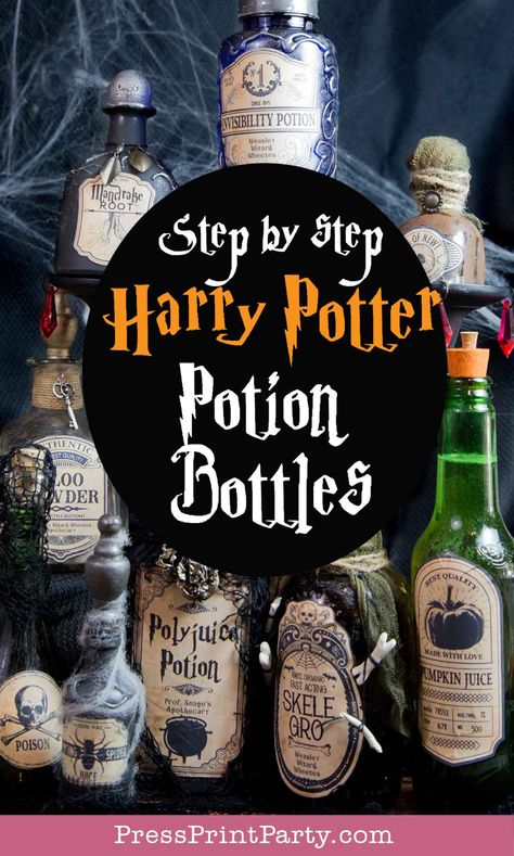 Harry Potter Apothecary Labels, Free Harry Potter Potion Labels, Diy Potion Bottles Labels, Bottle Filler Ideas, Harry Potter Halloween Decorations Diy, Potion Bottles Diy, Witch Cupboard, Invisibility Potion, Potions Aesthetic