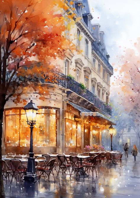 European City Painting, Autumn Restaurant, Europe Painting, Cafe Painting, Fantasy Imagination, France Painting, Architecture Prints, European Cafe, Venice Painting