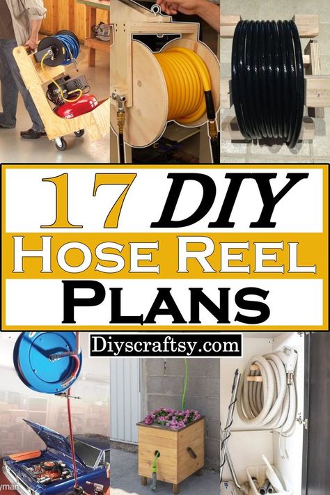 17 DIY Hose Reel Plans To Make Today Hose Reel Stand, Diy Hose Holder Planter, Home Made Hose Reel, Wood Hose Holder, Diy Garden Hose Reel Ideas, Garden Hose Storage Ideas Curb Appeal, Diy Water Hose Reel, Homemade Hose Reel, Air Hose Reel Mounting Ideas