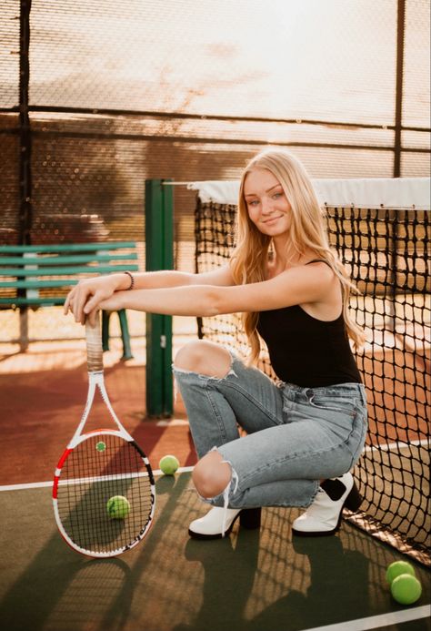 Tennis Court Senior Pictures, Tennis Senior Photos, Tennis Pose, Tennis Poses, Highschool Senior Pictures, Tennis Senior Pictures, Tennis Pics, Tennis Fashion Editorial, Sports Banners