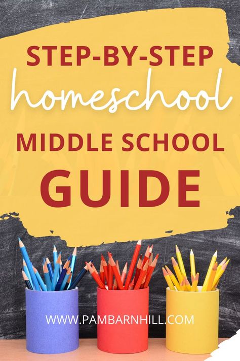 The ultimate Middle School Guide for homeschool moms. This post is all about Homeschool middle school and how to create a daily schedule for your classroom. Here, we gather the best ideas about language arts, reading lists, room ideas, and free printables and home school transcripts to help you teach unit studies, create organization, setup math, writing, history, electives. Reading and writing resources for middle school and lesson planning here at pambarnhill.com. Middle School Subjects, Homeschooling A Middle Schooler, Middle School Homeschool Ideas, Middle School Homeschool Room, Homeschool Room Ideas Middle School, Unit Studies Homeschool Middle School, Homeschool For Middle Schoolers, Middle School Electives, Homeschooling Middle School