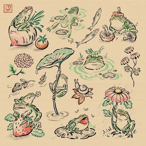 Frog Pond Tattoo, Arson Frog Tattoo, Frog In Water Tattoo, Frog Holding A Flower Tattoo, Frog With Umbrella Tattoo, Turtle And Frog Tattoo, Doodle Illustration Design, Whimsical Frog Tattoo, Frog Lily Pad Tattoo