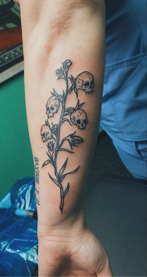 Lilly Of The Valley Tattoo Skulls, Skull Leaf Tattoo, Skull Snapdragon Tattoo, Plant Tattoo Forearm, Lily Of The Valley Skull Tattoo, Linocut Tattoo Design, Creepy Plant Tattoo, Skull Plant Tattoo, Skull Flower Tattoo