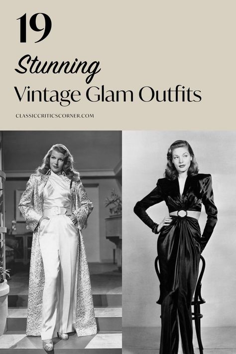 image of women with text overlay "19 stunning vintage glam outfits" 1930s Party Dress, Old Hollywood Inspired Outfits, Vintage Vegas Outfit, Vintage Hollywood Glamour Dress, Hollywood Glam Outfit Ideas, Old Hollywood Aesthetic Fashion, Old Hollywood Glamour Fashion, Vintage Glam Outfits, Old Hollywood Glam Dresses