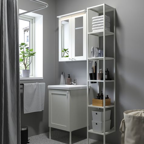 ENHET Bathroom, white/white frame, 18x18x24 ". A perfect blend open and closed storage and a high frame partnered with hooks and container. You barely need to open your sleepy eyes - everything is easy to find and within arm’s reach. Fiberboard. Wash Basin Cabinet, Ikea Food, Bathroom White, Bathroom Furniture Sets, Basin Cabinet, Plastic Foil, Ikea Home, Ikea Family, White Doors