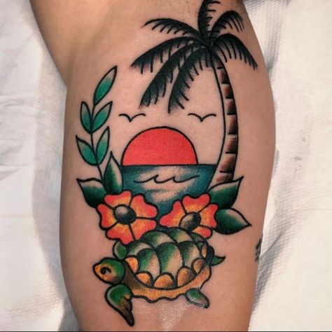 Traditional Tattoo Turtle, American Traditional Turtle, Traditional Turtle Tattoo, Tattoo Turtle, Palm Tattoos, Tattoos For Women Half Sleeve, Ocean Tattoos, Traditional Flash, Palm Tree Tattoo